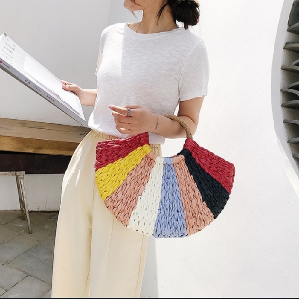 SALE Hand Woven Crochet Straw Rattan Boho Shoulder Tote Bag Circle Multi Colors - Picture 1 of 10